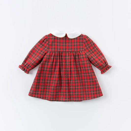 Adorable baby girl’s bow, ruched plaid dress for parties.