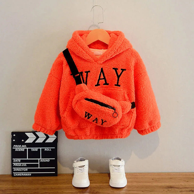 Boys' winter sweatshirt with hood and bag, thick wool fabric, long sleeves for warmth