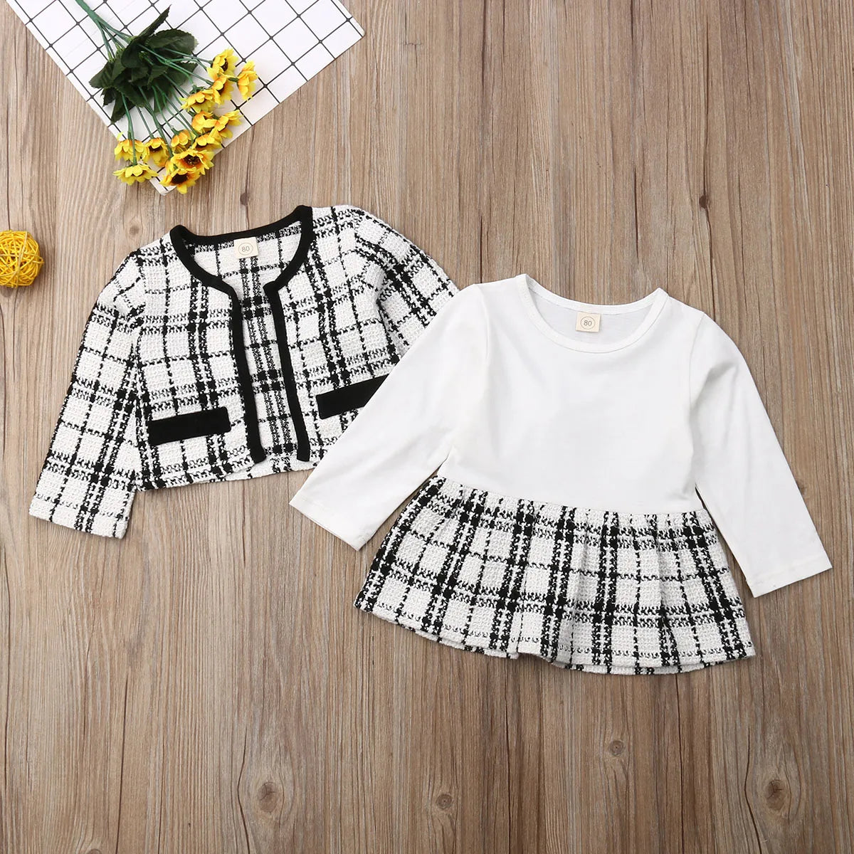 2-piece autumn and winter kids' outfit set: plaid coat and tutu dress for toddlers