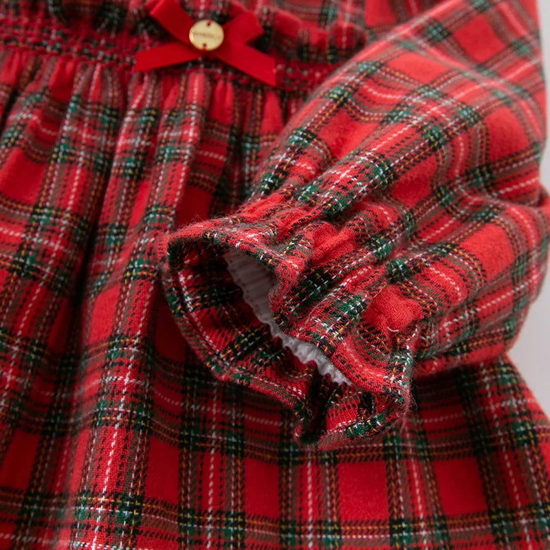 Adorable baby girl’s bow, ruched plaid dress for parties.