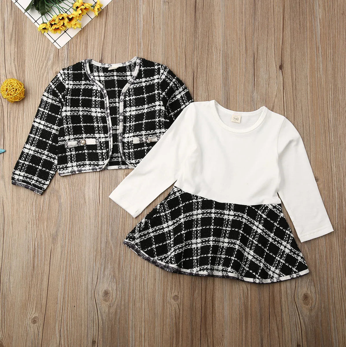 2-piece autumn and winter kids' outfit set: plaid coat and tutu dress for toddlers