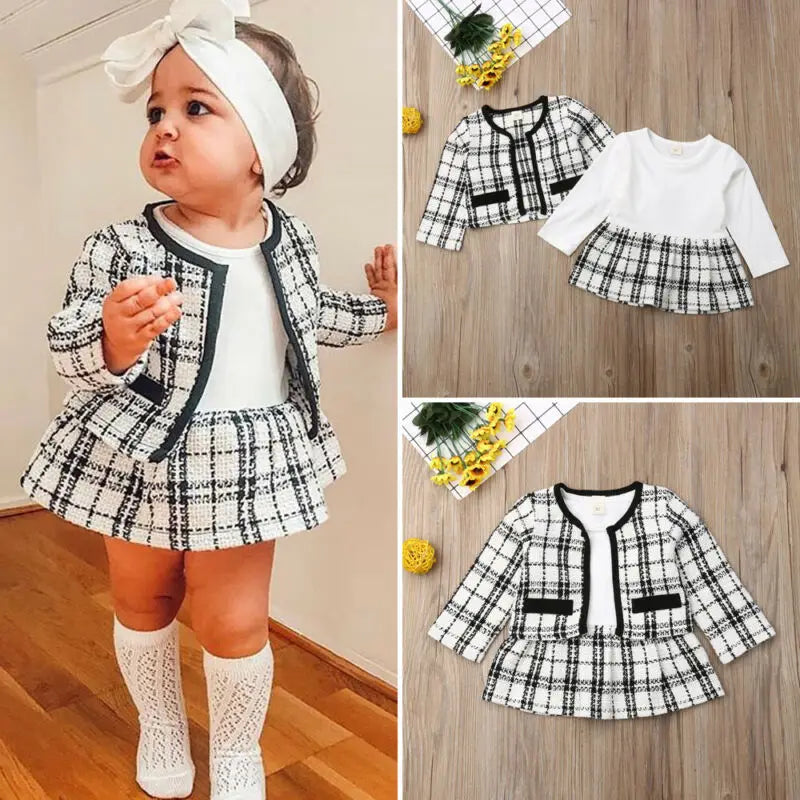 2-piece autumn and winter kids' outfit set: plaid coat and tutu dress for toddlers