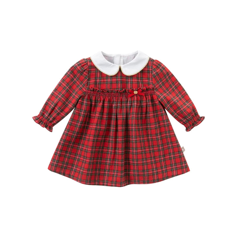 Adorable baby girl’s bow, ruched plaid dress for parties.