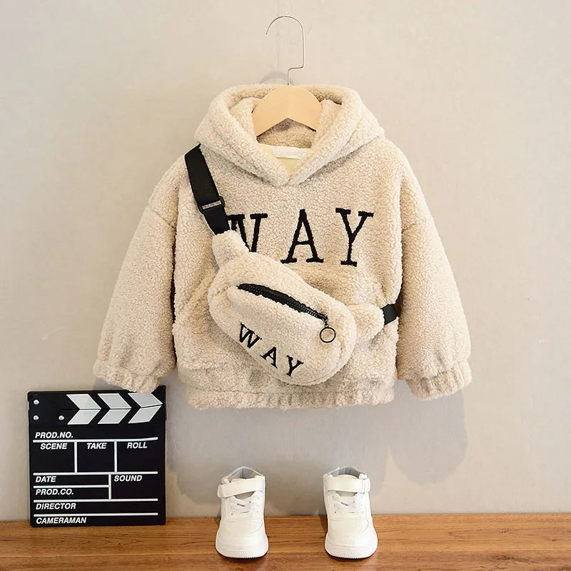 Boys' winter sweatshirt with hood and bag, thick wool fabric, long sleeves for warmth