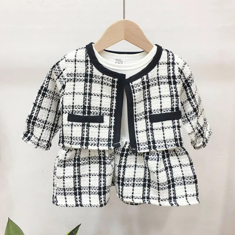 2-piece autumn and winter kids' outfit set: plaid coat and tutu dress for toddlers